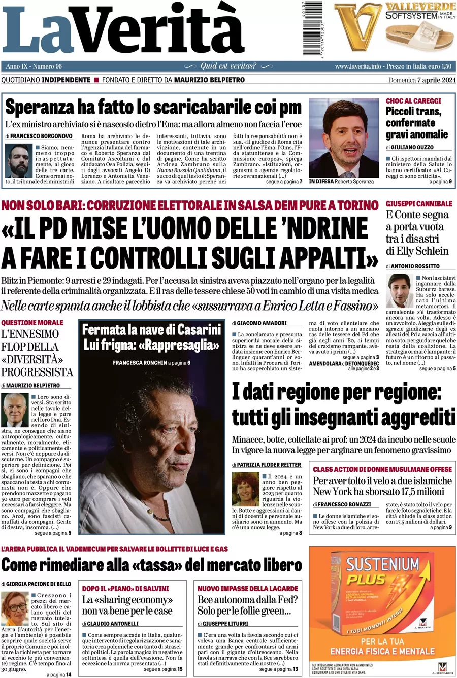 anteprima della prima pagina di la-verit del 07/04/2024