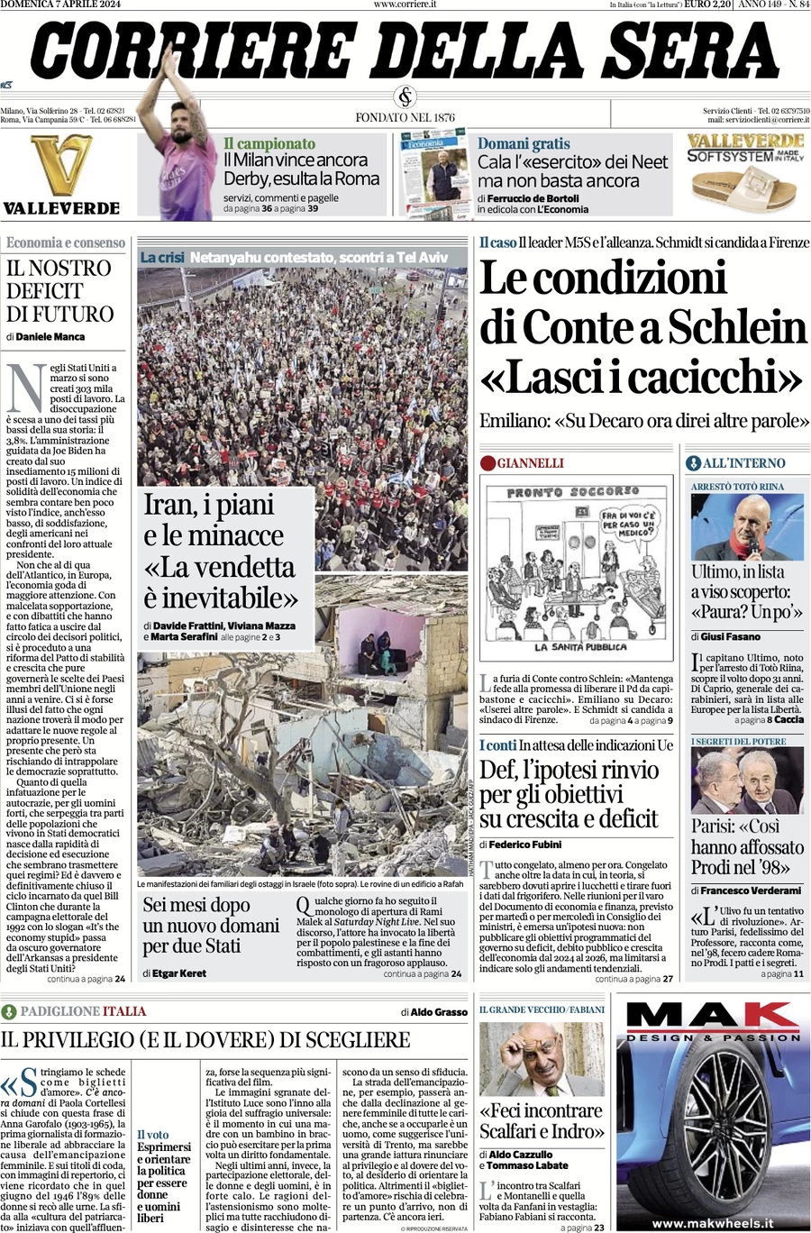 anteprima della prima pagina di corriere-della-sera del 07/04/2024