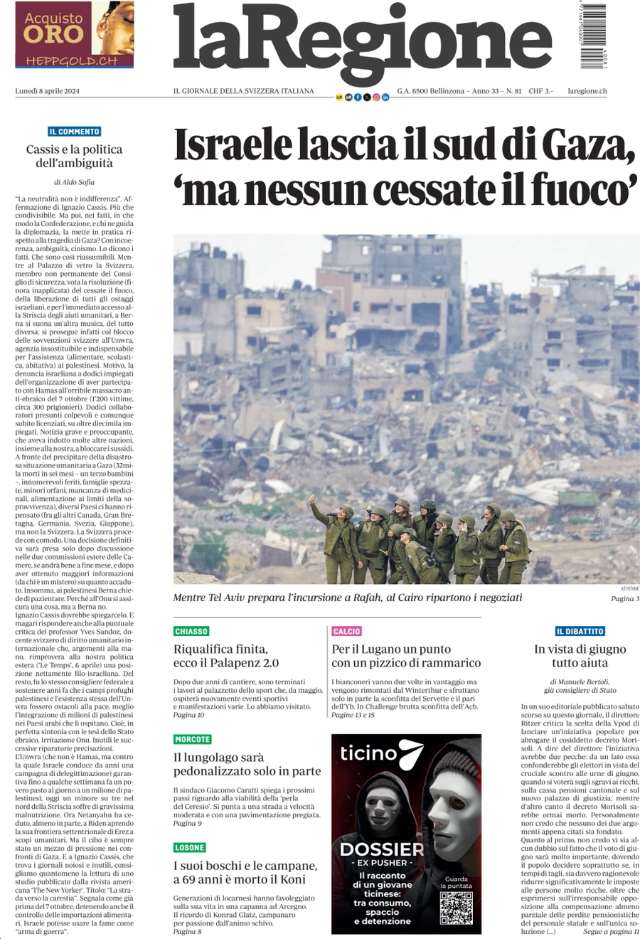 anteprima della prima pagina di la-regione del 08/04/2024