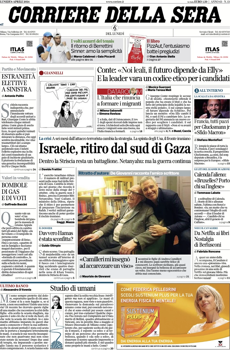 anteprima della prima pagina di corriere-della-sera del 08/04/2024