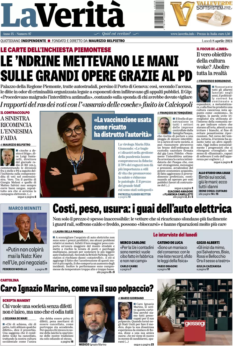 anteprima della prima pagina di la-verit del 08/04/2024