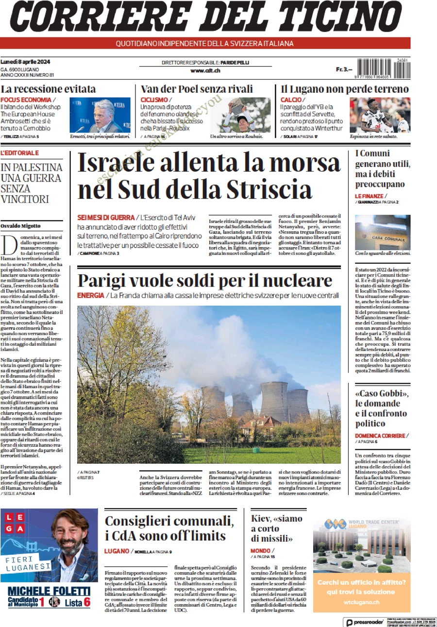 anteprima della prima pagina di corriere-del-ticino del 08/04/2024