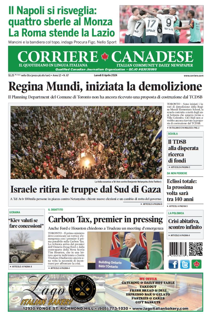 anteprima della prima pagina di corriere-canadese del 08/04/2024