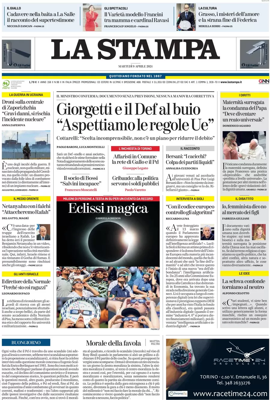 anteprima della prima pagina di la-stampa del 09/04/2024