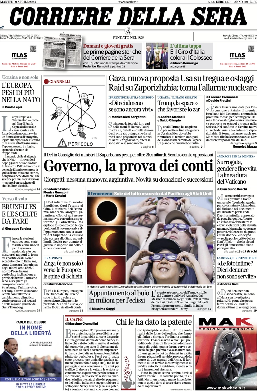 anteprima della prima pagina di corriere-della-sera del 09/04/2024