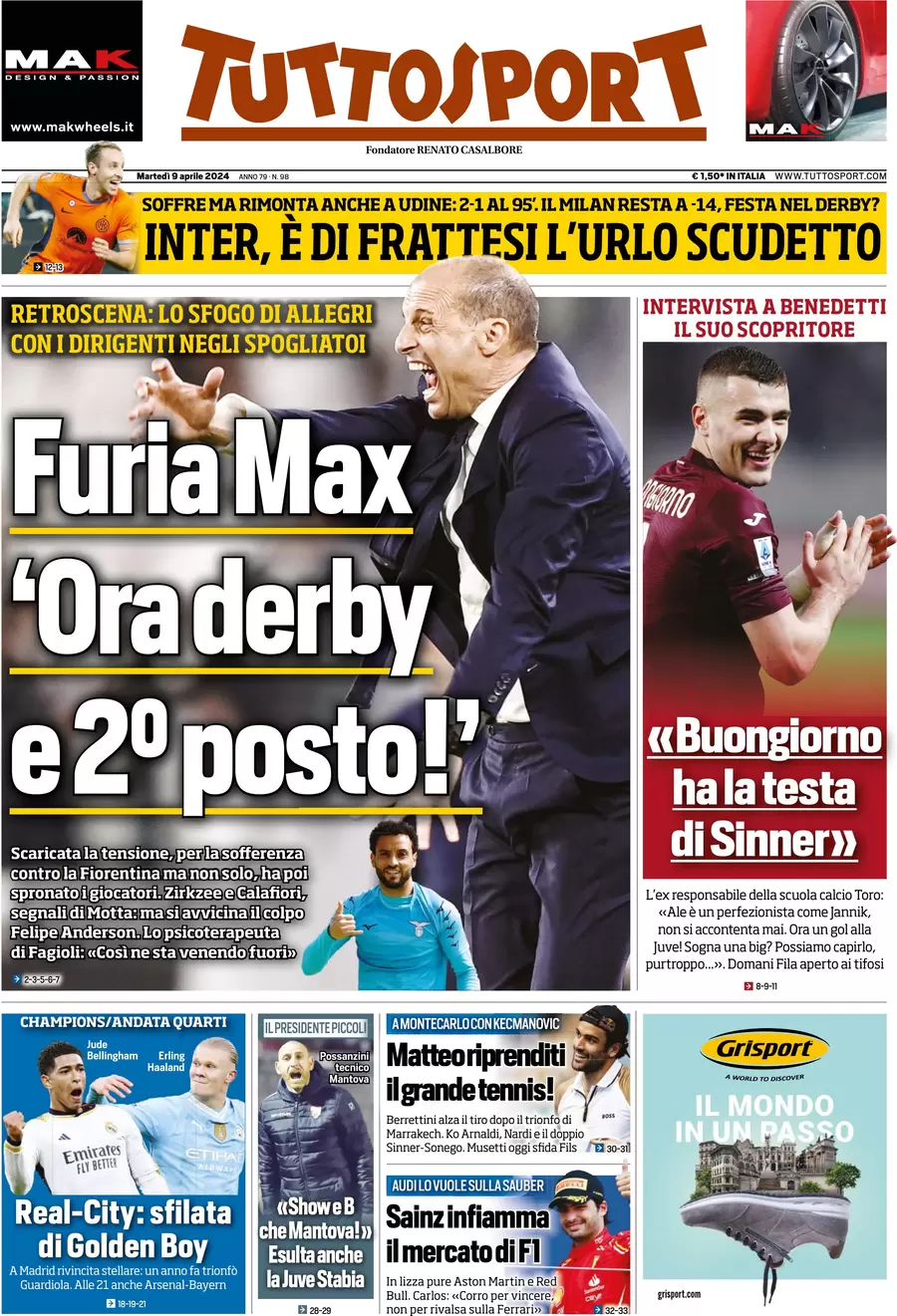 anteprima della prima pagina di tuttosport del 09/04/2024