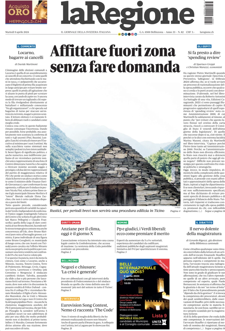 anteprima della prima pagina di la-regione del 09/04/2024