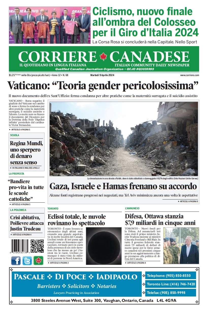 anteprima della prima pagina di corriere-canadese del 09/04/2024