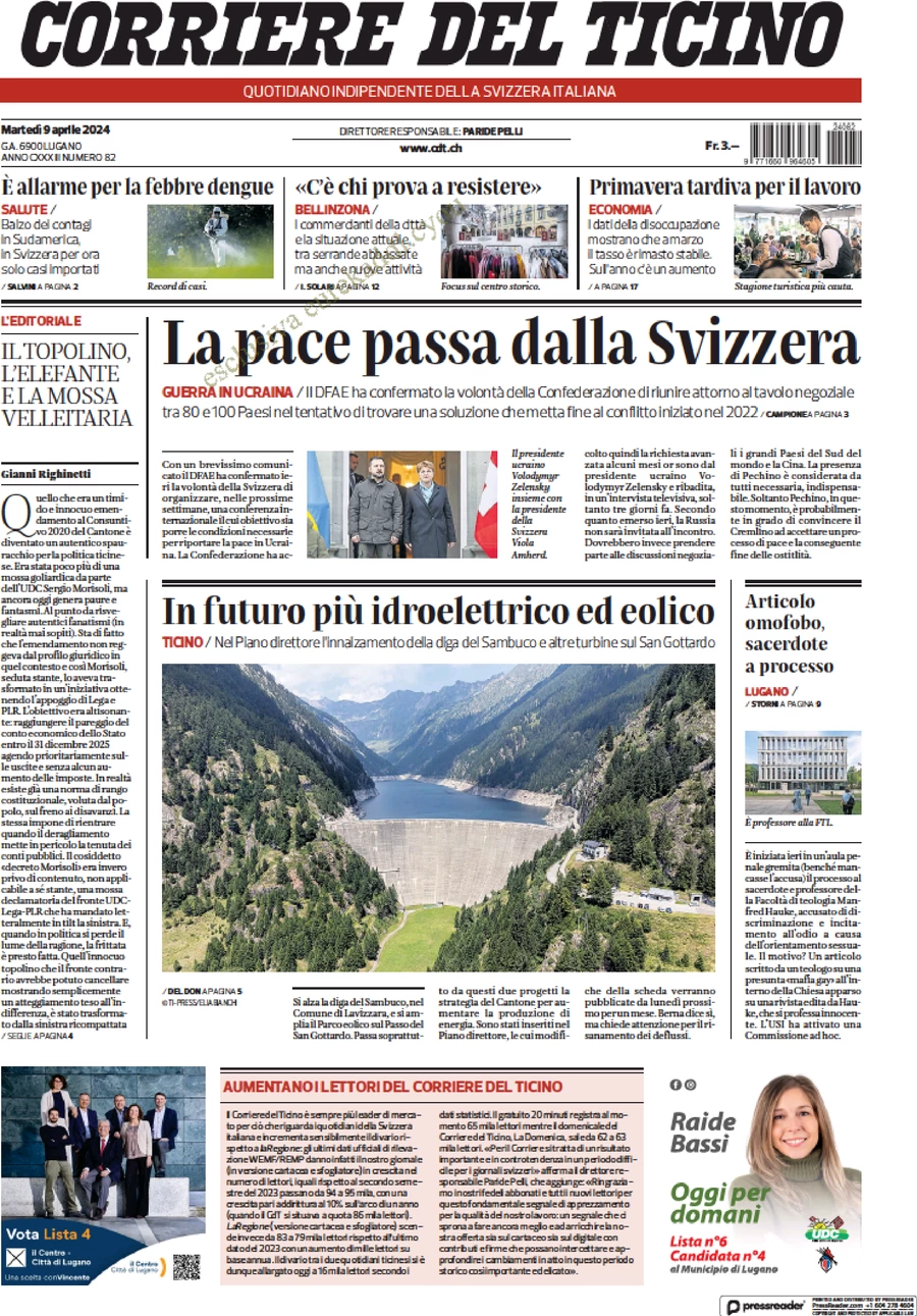 anteprima della prima pagina di corriere-del-ticino del 09/04/2024