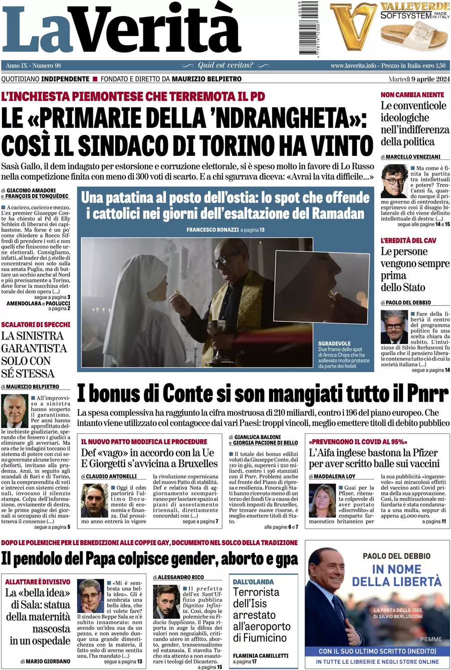 anteprima della prima pagina di la-verit del 09/04/2024