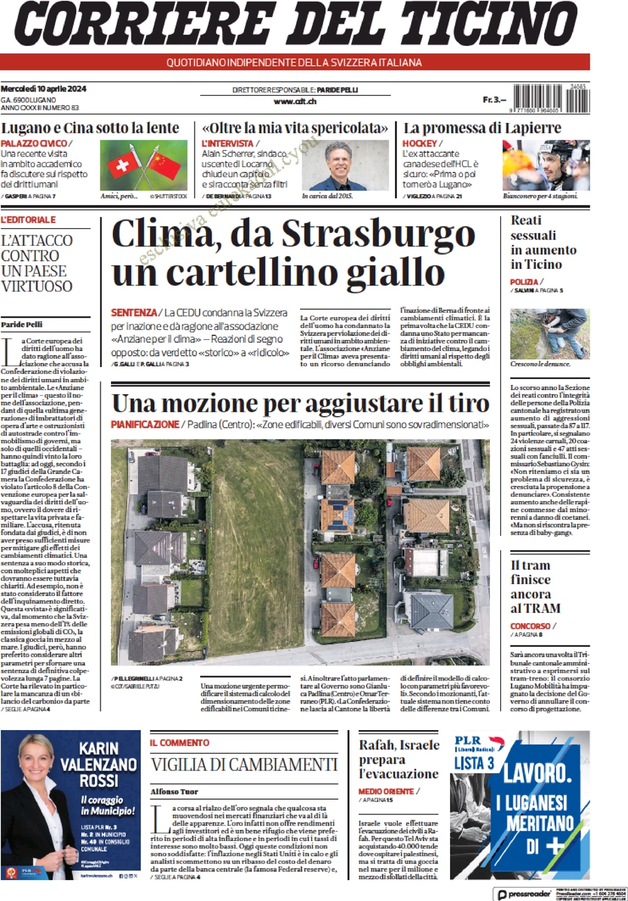 anteprima della prima pagina di corriere-del-ticino del 10/04/2024