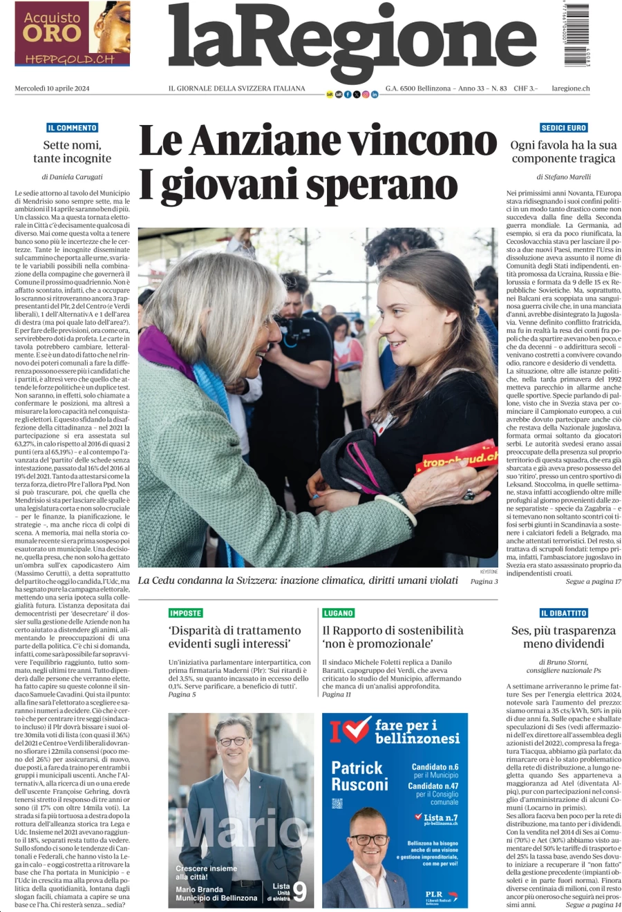 anteprima della prima pagina di la-regione del 10/04/2024