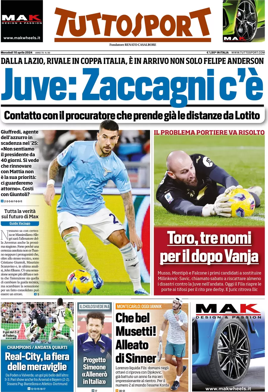 anteprima della prima pagina di tuttosport del 10/04/2024