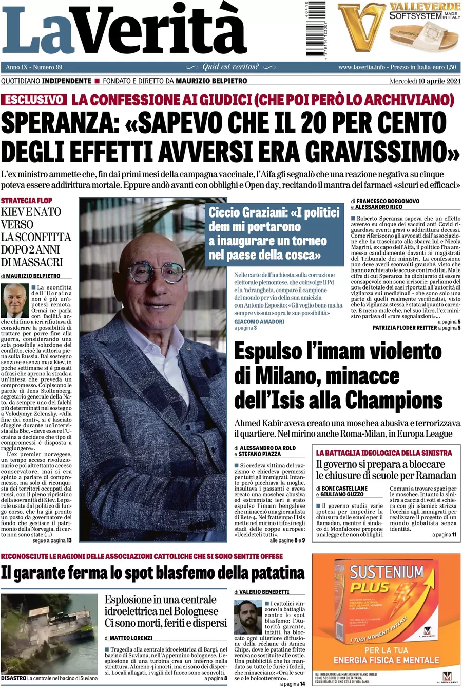 anteprima della prima pagina di la-verit del 10/04/2024