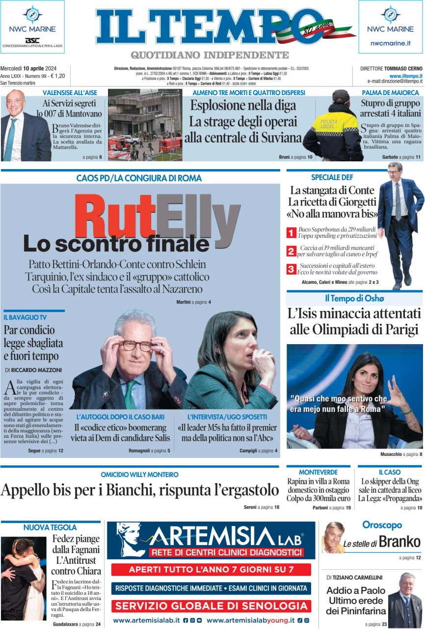 anteprima della prima pagina di il-tempo del 10/04/2024