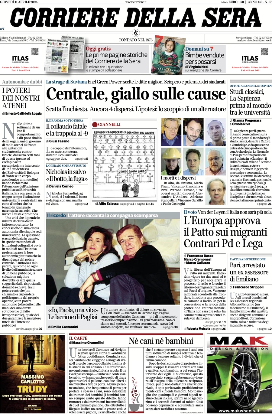 anteprima della prima pagina di corriere-della-sera del 11/04/2024