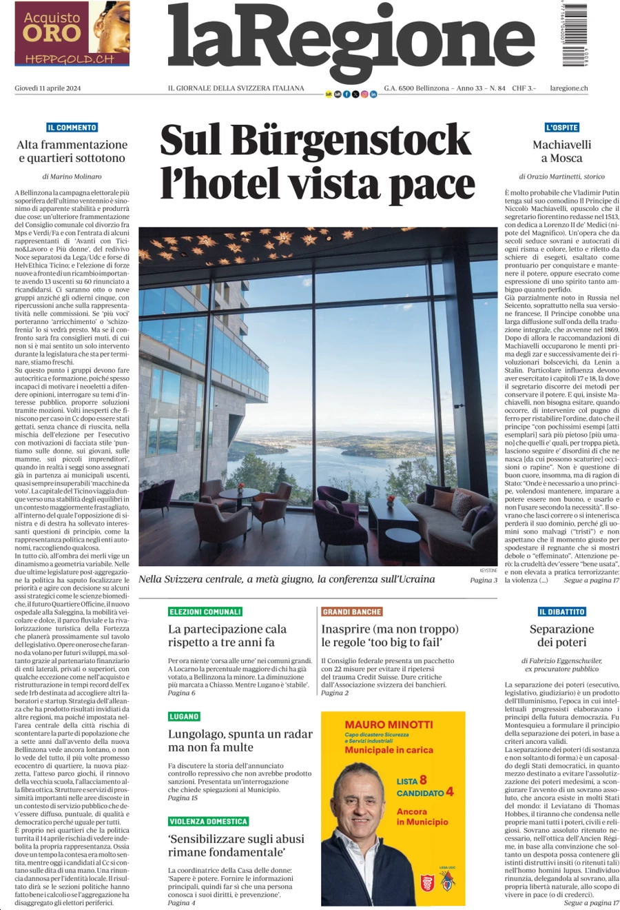 anteprima della prima pagina di la-regione del 11/04/2024