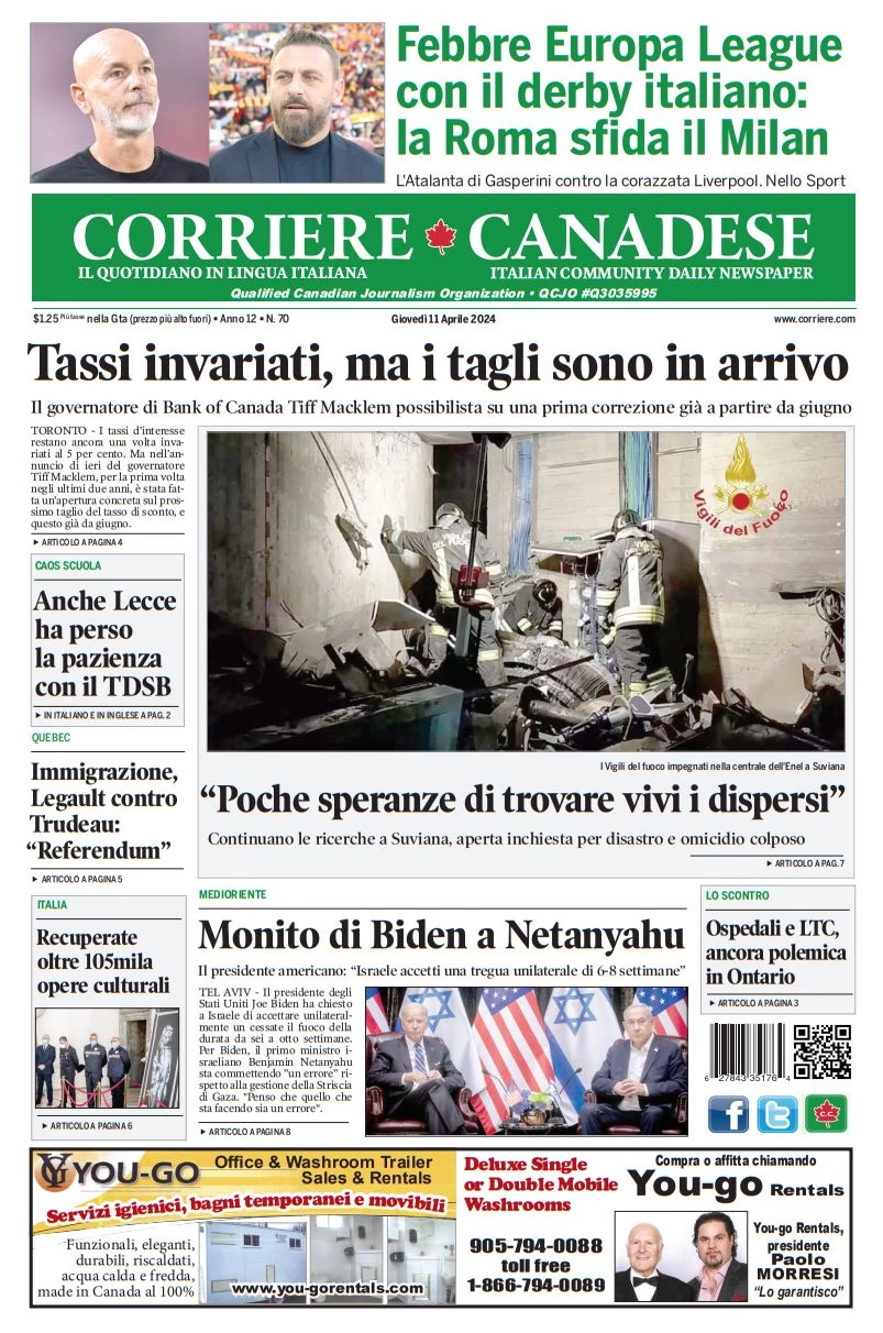 anteprima della prima pagina di corriere-canadese del 11/04/2024