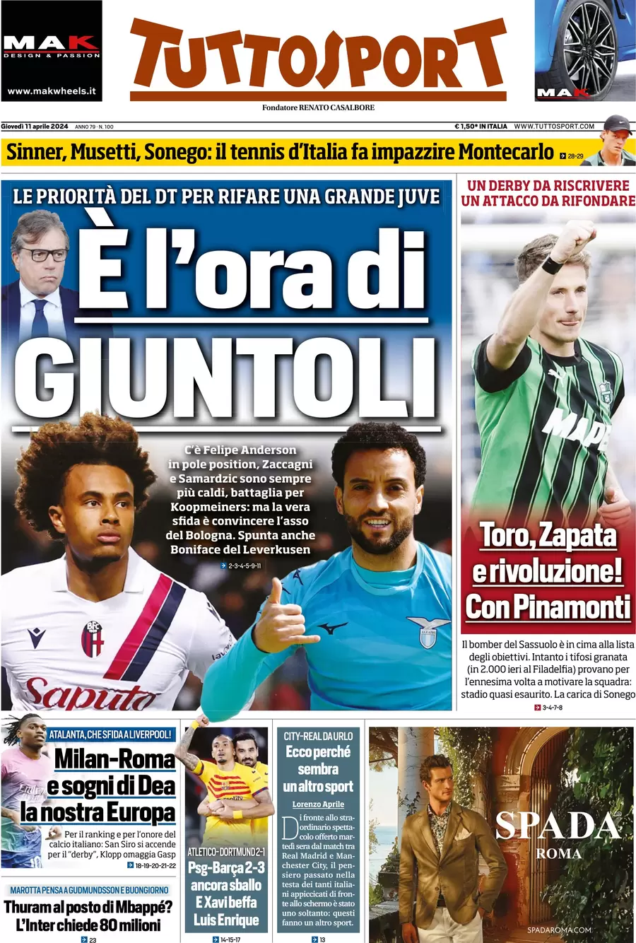 anteprima della prima pagina di tuttosport del 11/04/2024