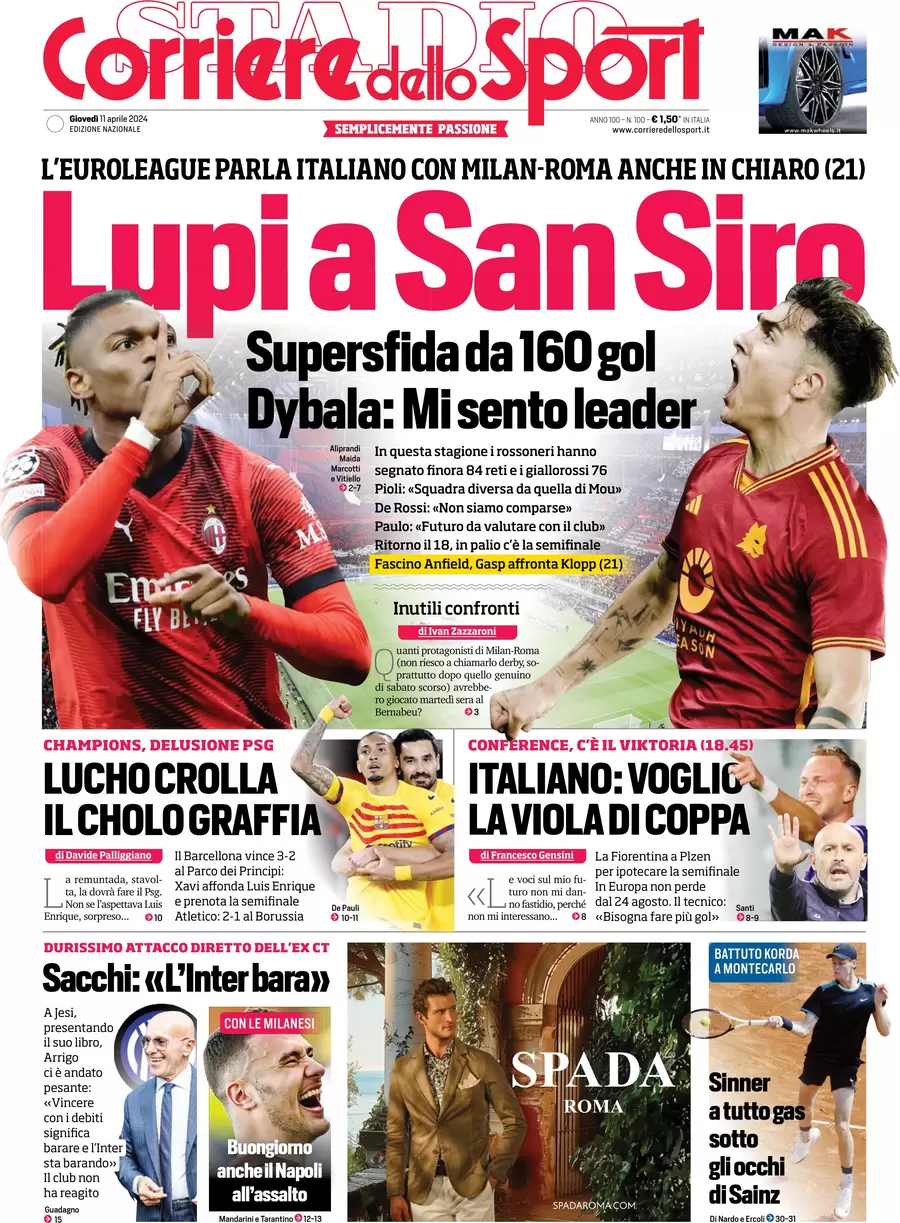 anteprima della prima pagina di corriere-dello-sport del 11/04/2024