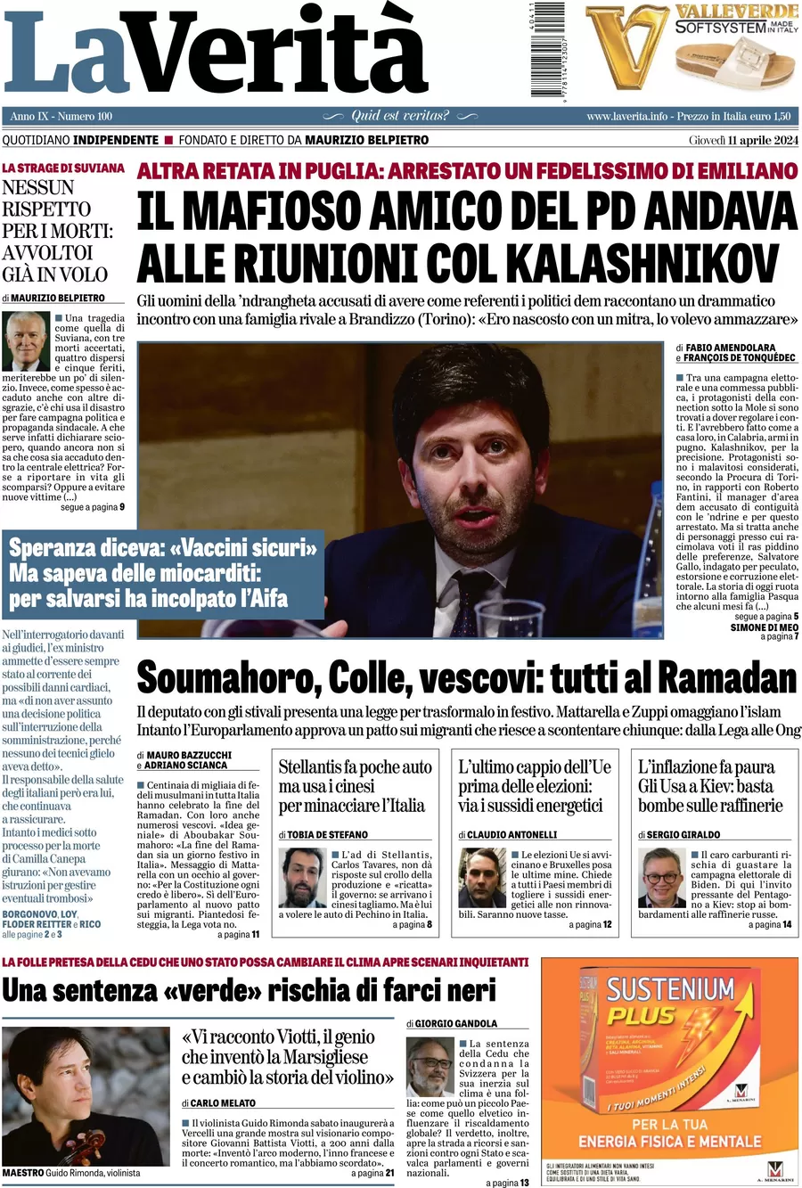 anteprima della prima pagina di la-verit del 11/04/2024