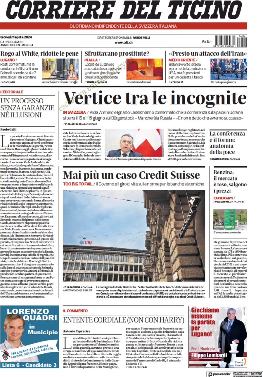 anteprima della prima pagina di corriere-del-ticino del 11/04/2024