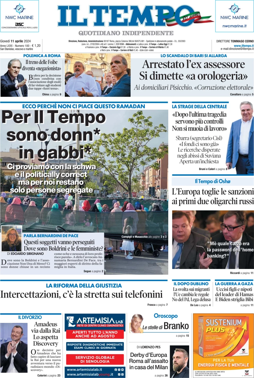 anteprima della prima pagina di il-tempo del 11/04/2024