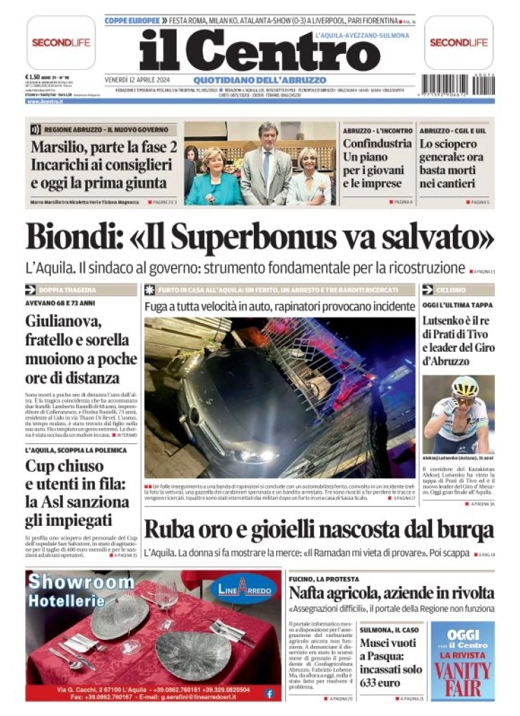 anteprima della prima pagina di il-centro-laquila del 12/04/2024