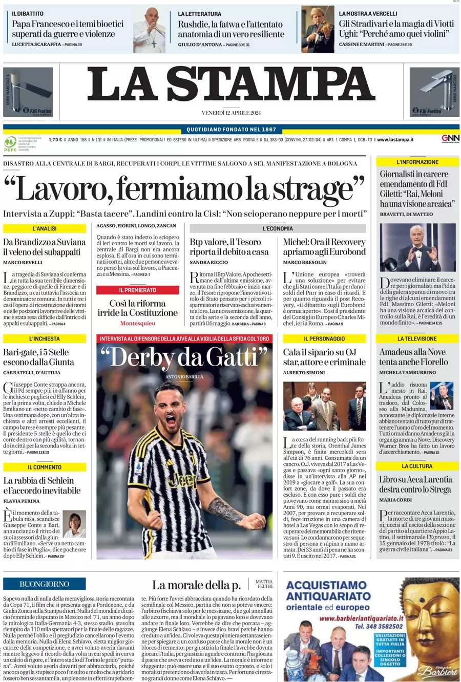 anteprima della prima pagina di la-stampa del 12/04/2024