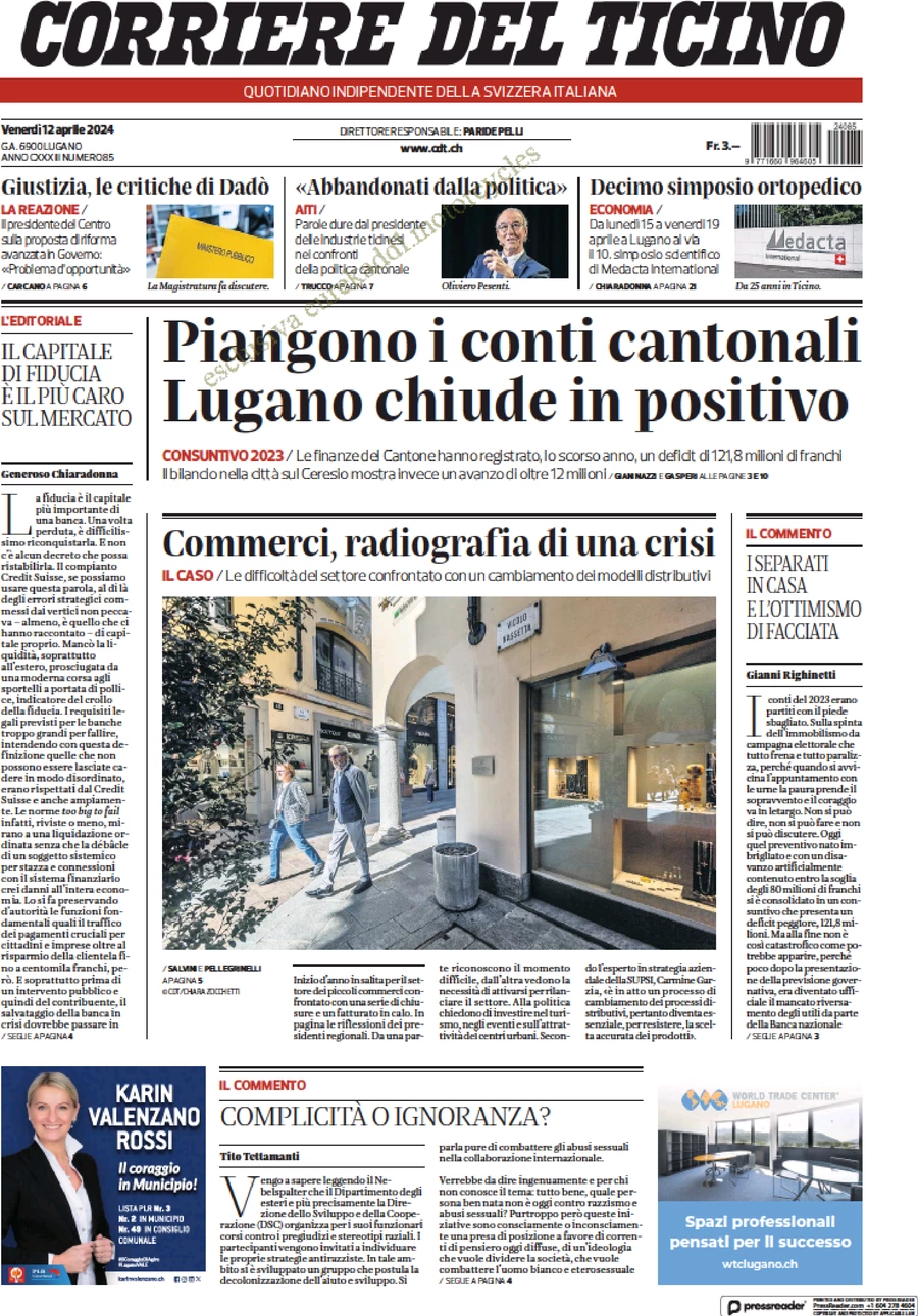 anteprima della prima pagina di corriere-del-ticino del 12/04/2024