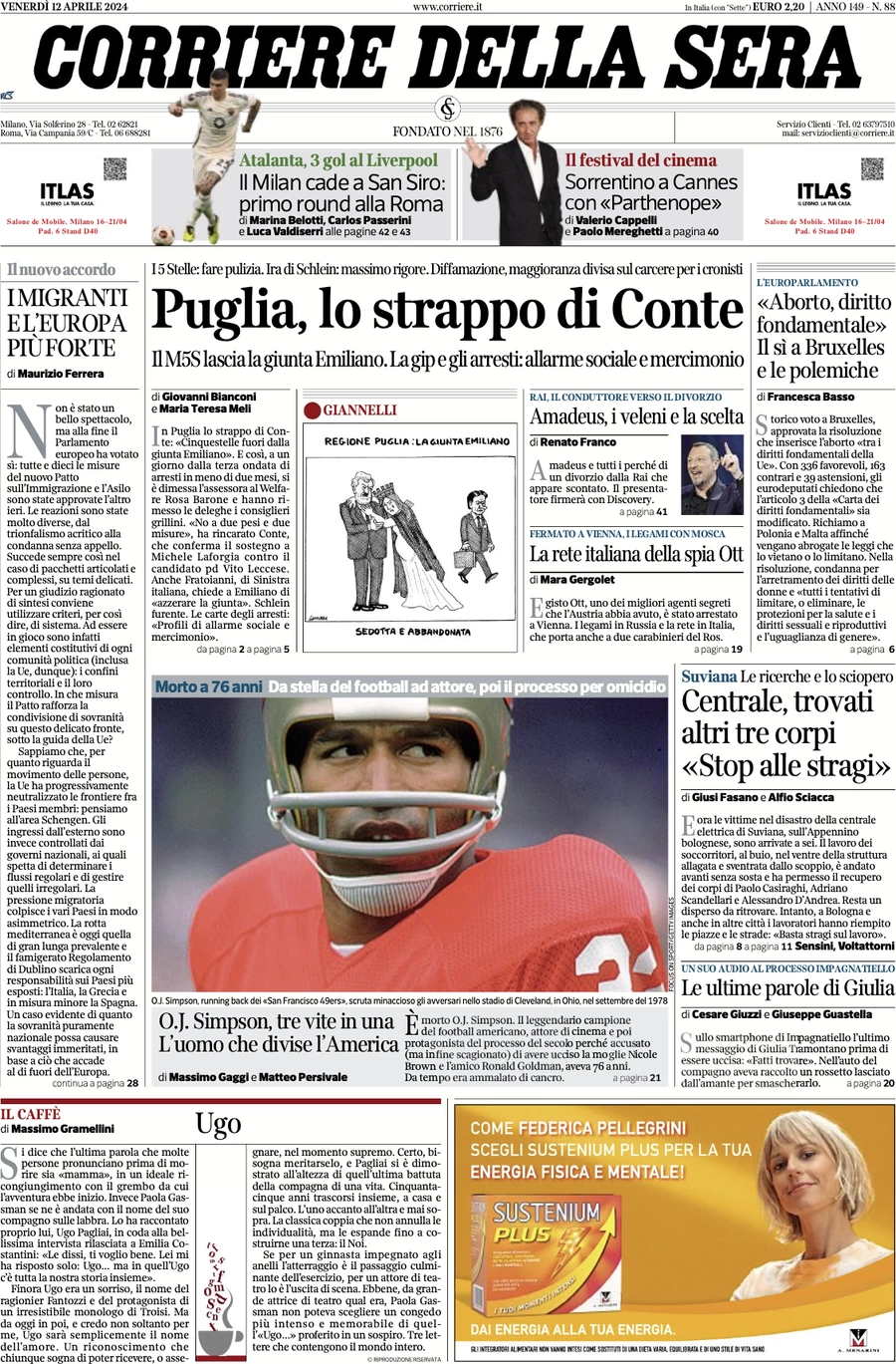 anteprima della prima pagina di corriere-della-sera del 12/04/2024