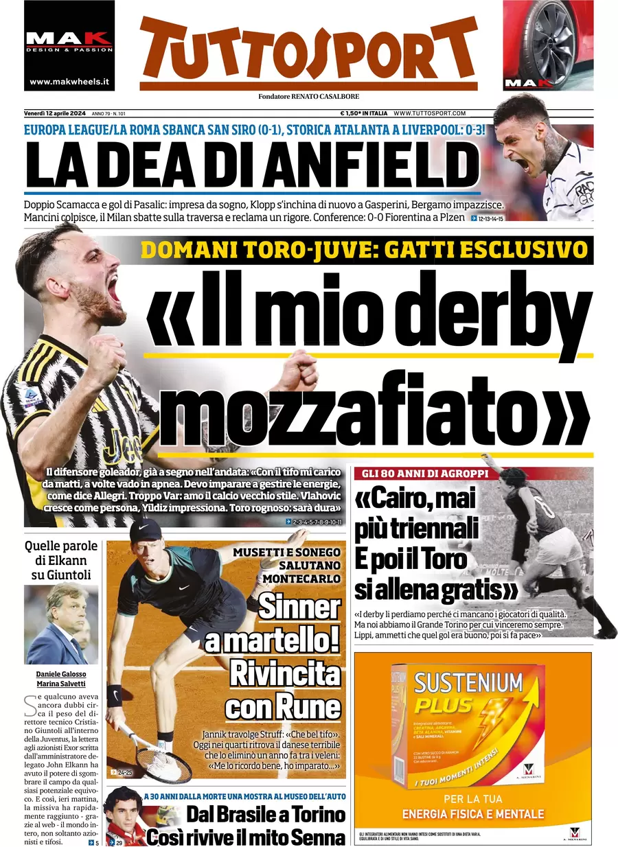 anteprima della prima pagina di tuttosport del 12/04/2024