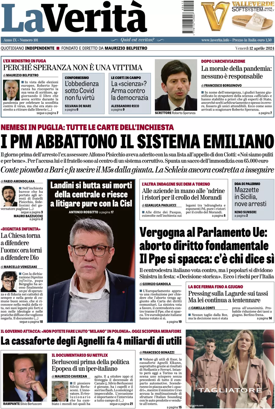 anteprima della prima pagina di la-verit del 12/04/2024