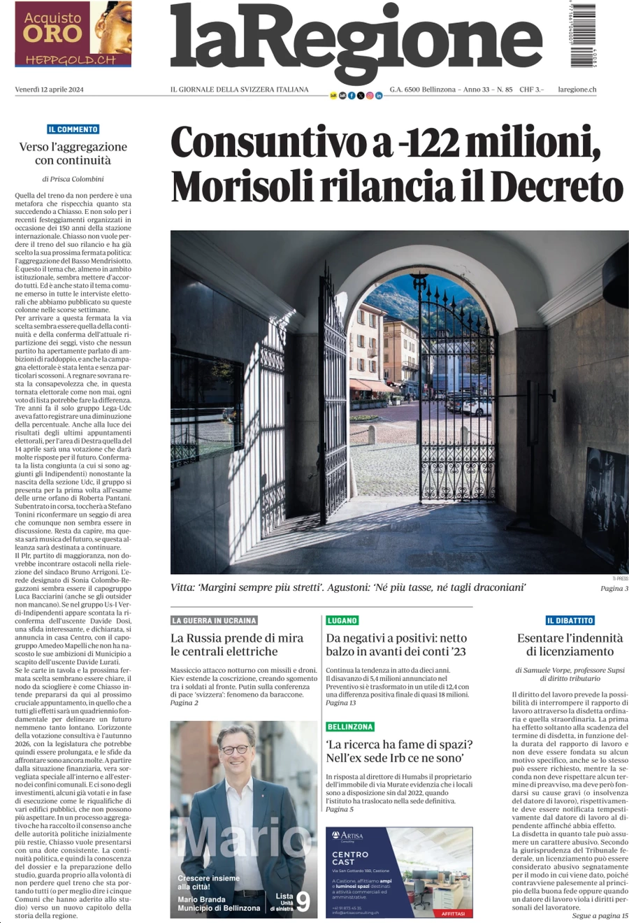 anteprima della prima pagina di la-regione del 12/04/2024