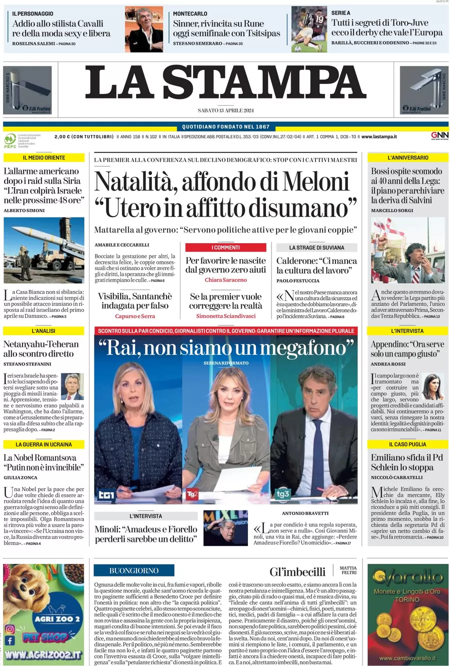 anteprima della prima pagina di la-stampa del 13/04/2024