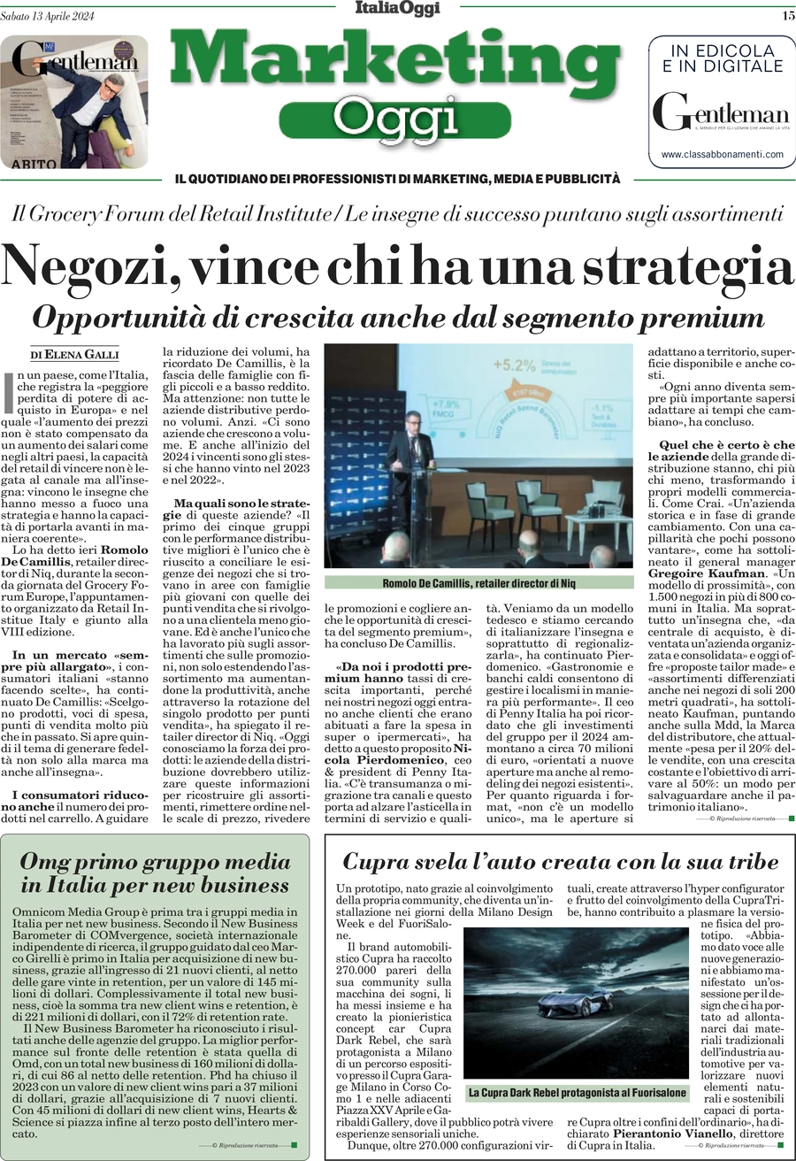 anteprima della prima pagina di marketing-oggi del 13/04/2024