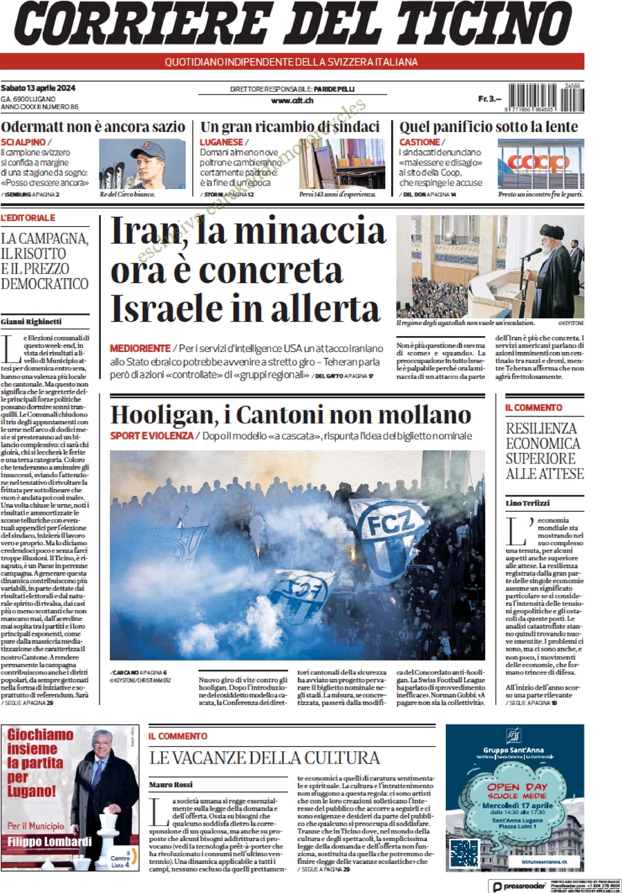 anteprima della prima pagina di corriere-del-ticino del 13/04/2024