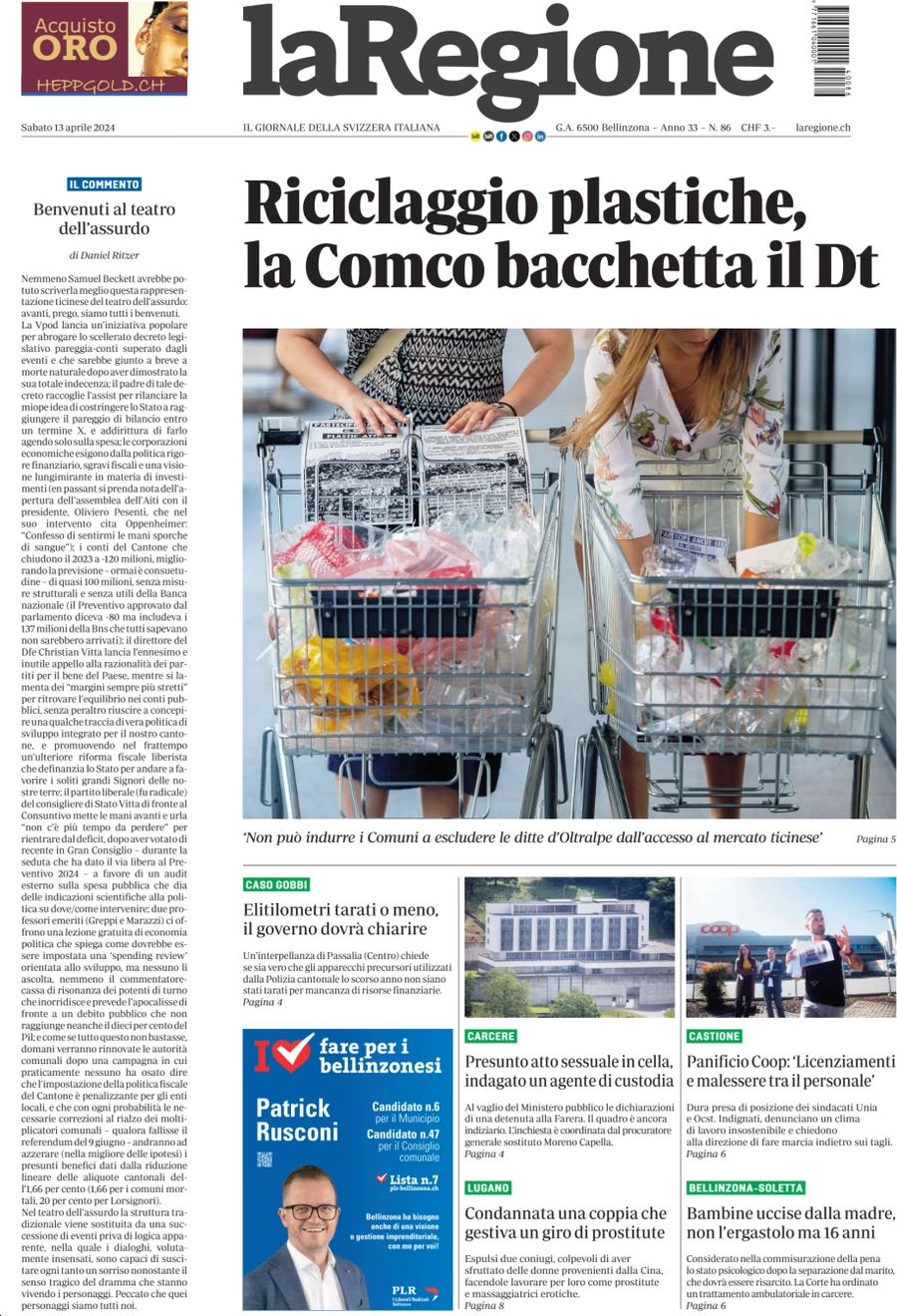 anteprima della prima pagina di la-regione del 13/04/2024