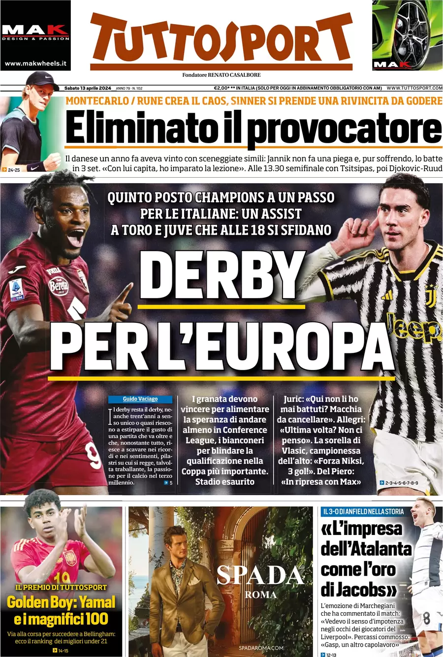 anteprima della prima pagina di tuttosport del 13/04/2024