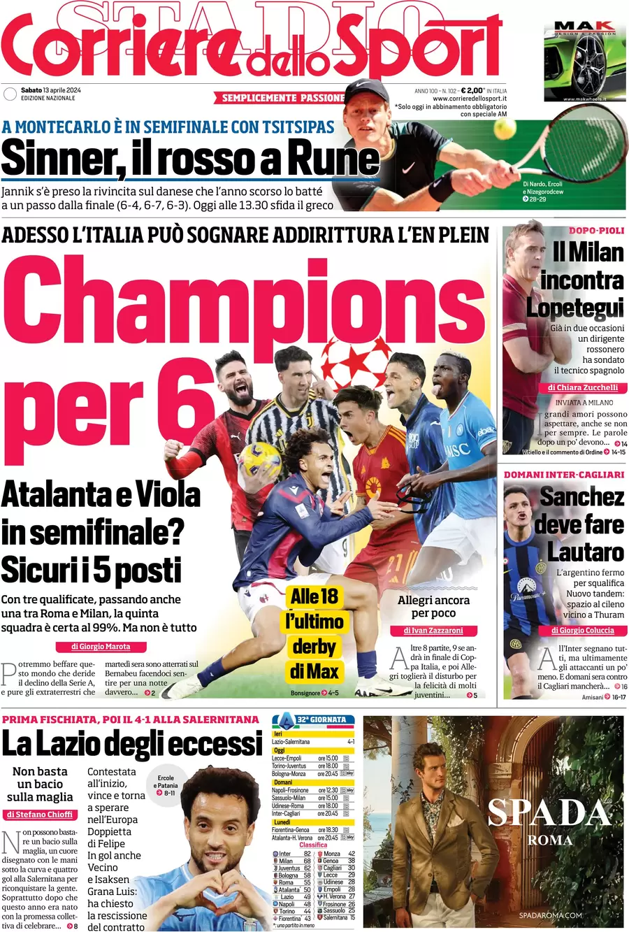 anteprima della prima pagina di corriere-dello-sport del 13/04/2024