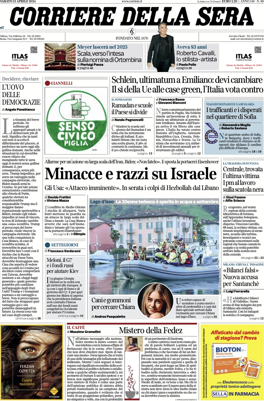 anteprima della prima pagina di corriere-della-sera del 13/04/2024