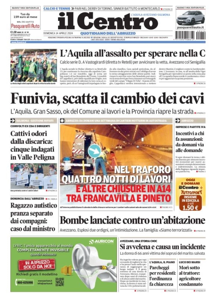 anteprima della prima pagina di il-centro-laquila del 14/04/2024