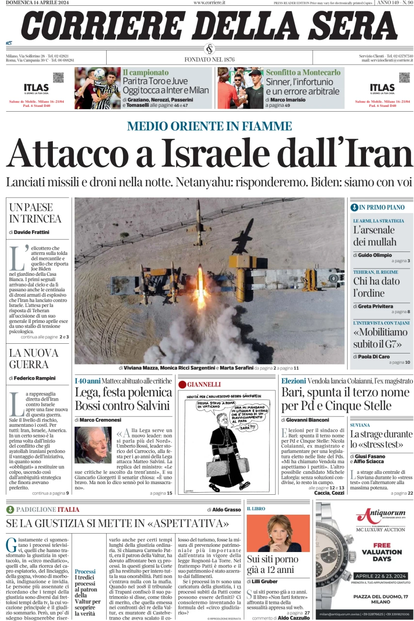 anteprima della prima pagina di corriere-della-sera del 14/04/2024