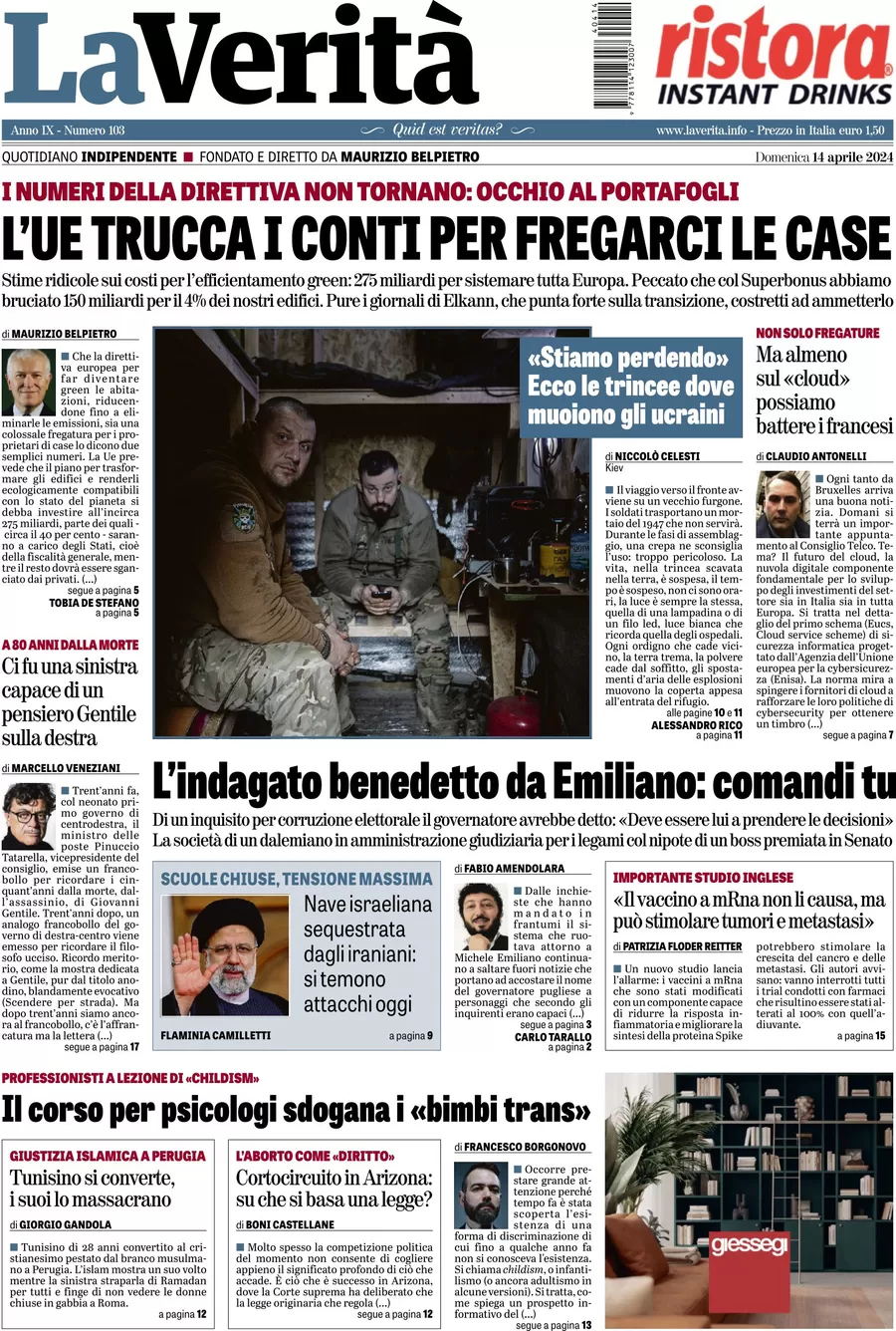 anteprima della prima pagina di la-verit del 14/04/2024