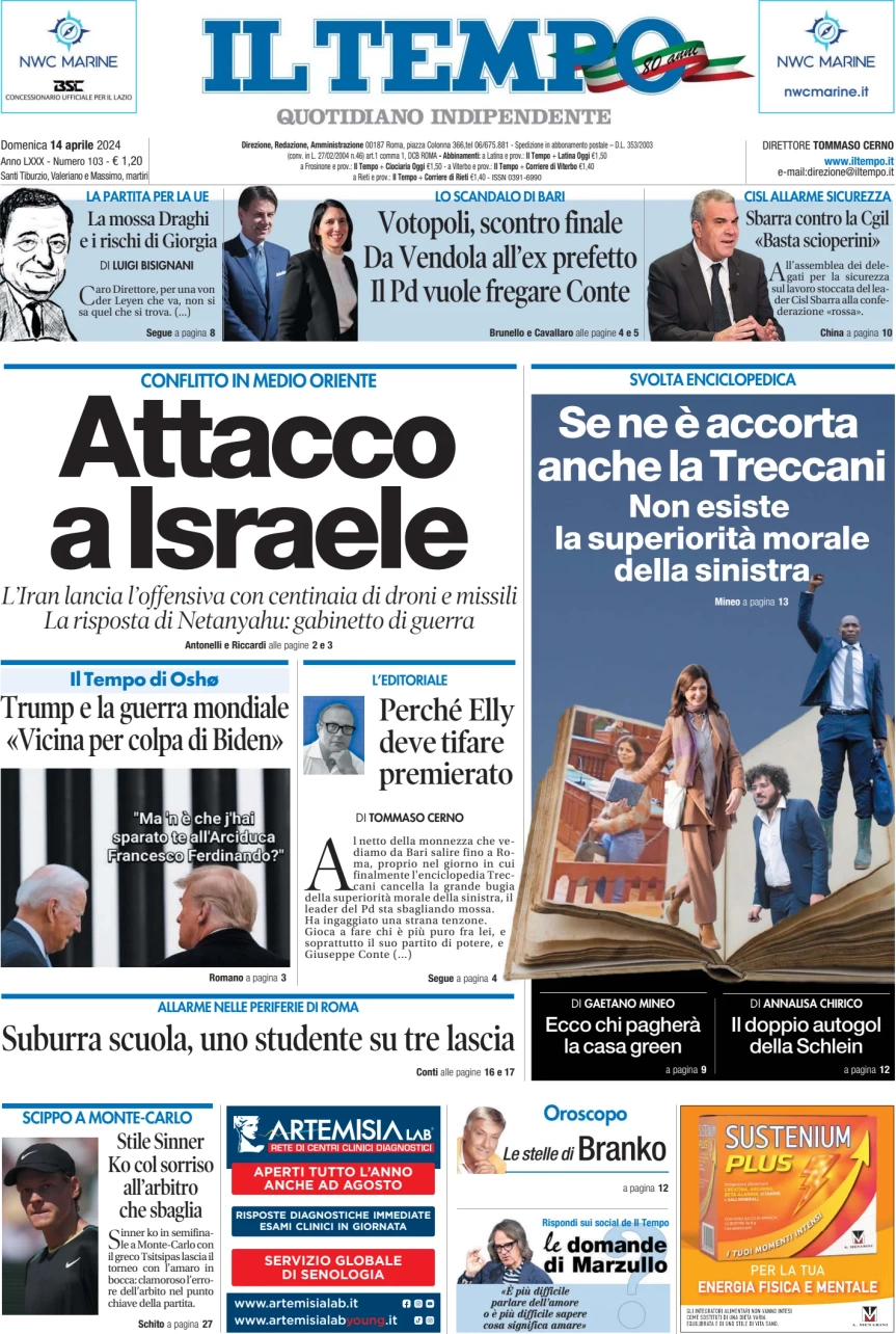 anteprima della prima pagina di il-tempo del 14/04/2024