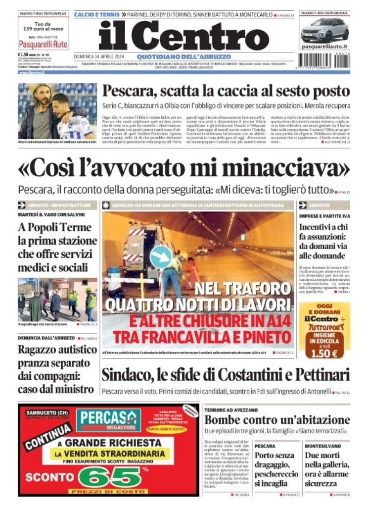 anteprima della prima pagina di il-centro-pescara del 14/04/2024