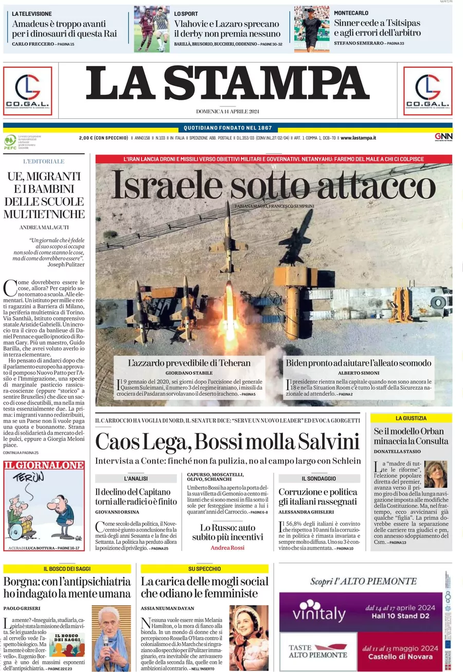 anteprima della prima pagina di la-stampa del 14/04/2024