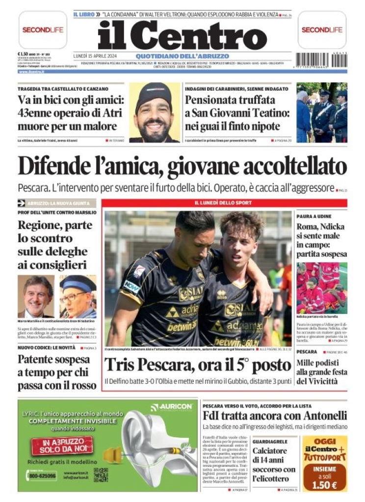 anteprima della prima pagina di il-centro-pescara del 15/04/2024