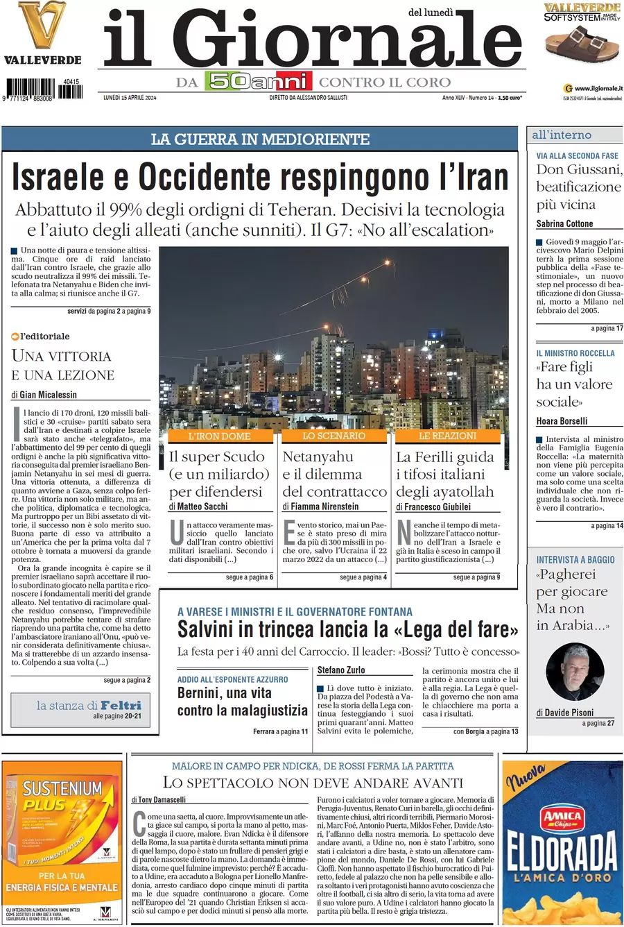 anteprima della prima pagina di il-giornale del 15/04/2024