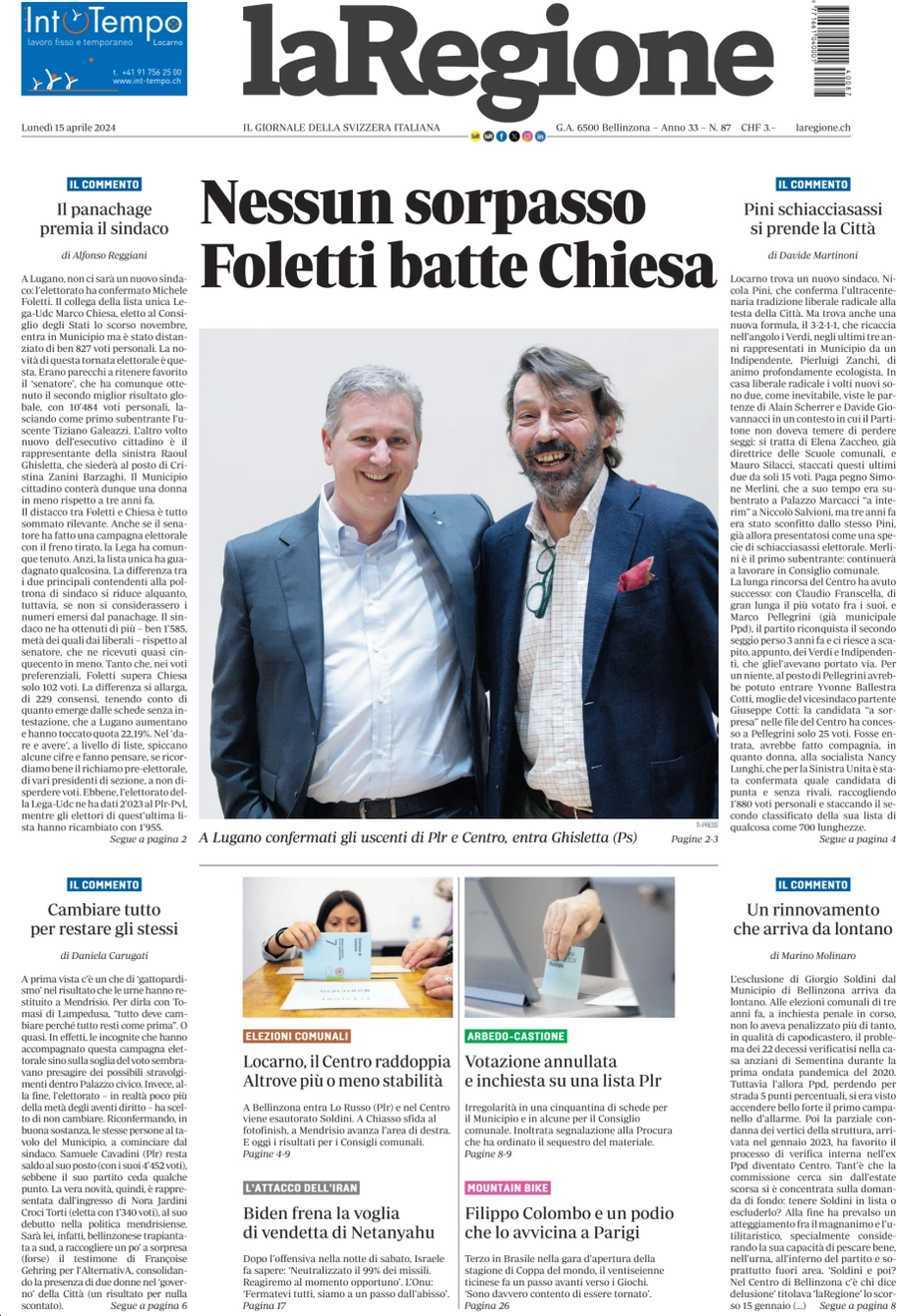 anteprima della prima pagina di la-regione del 15/04/2024